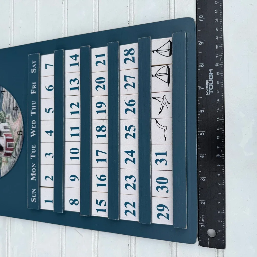 Nautical Wooden Wall Clock Perpetual Calendar Lighthouse Sailboat Blue Decor